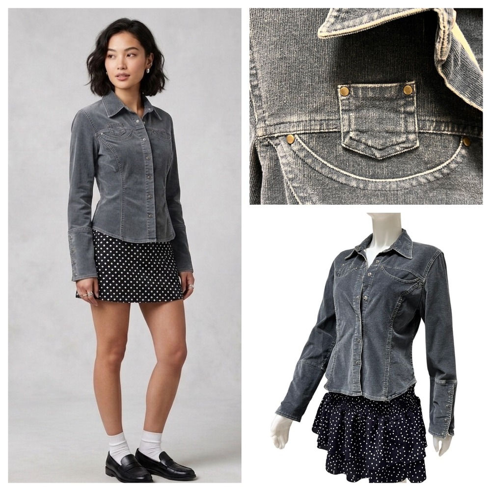 Vintage Y2K Overdrive Gray Corduroy Jacket Western Snap Front M Cowgirl Grunge